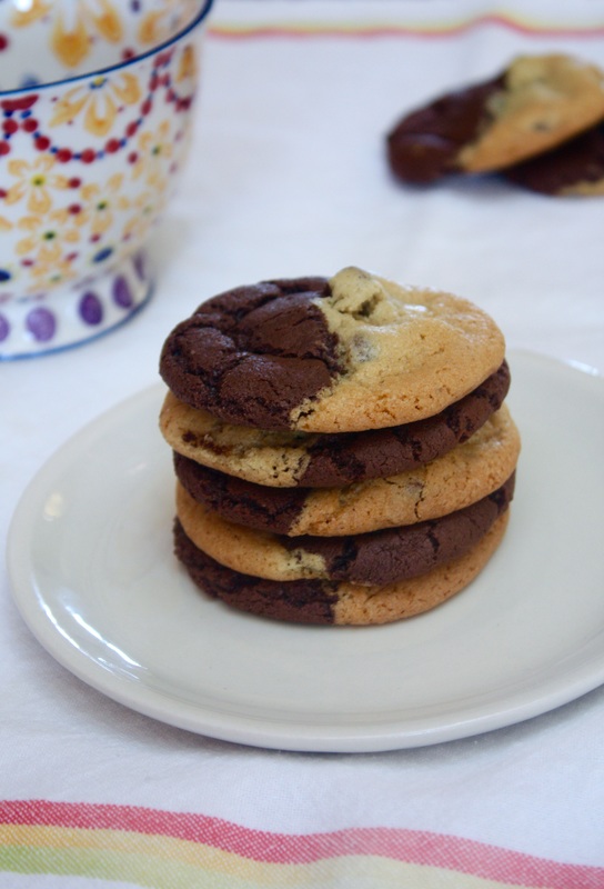 Brookies - Chewy chocolate chip cookies merged with brownie batter to make a brookie, or a brownie cookie.