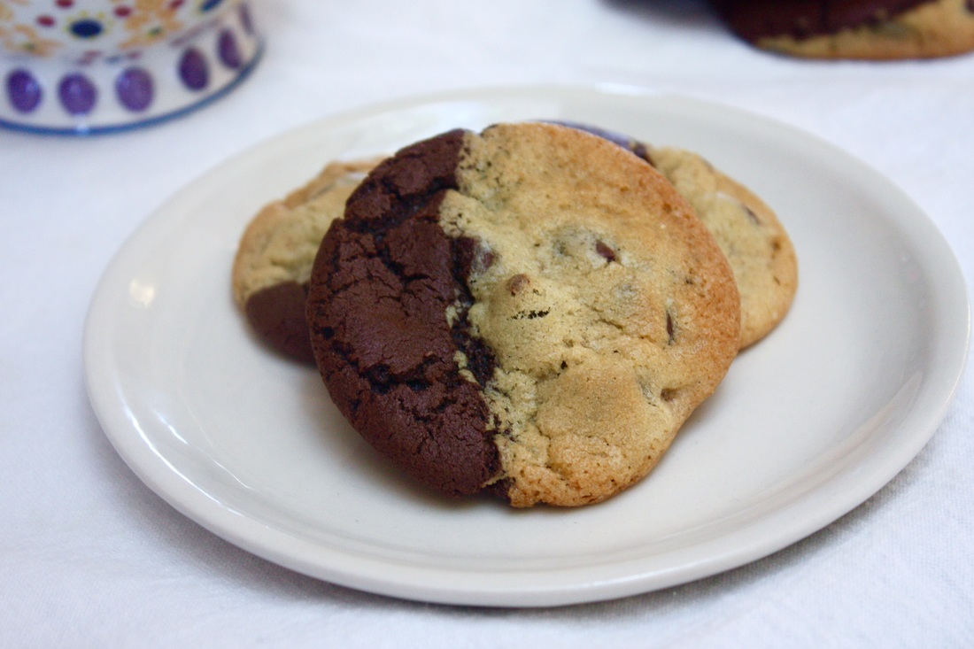 Brookies - Chewy chocolate chip cookies merged with brownie batter to make a brookie, or a brownie cookie.